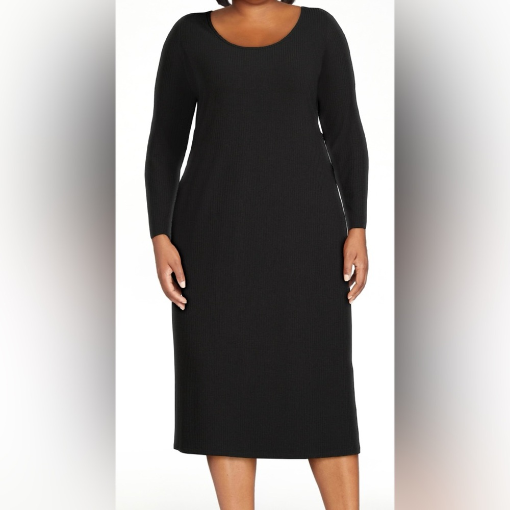 Terra & Sky Ribbed Knit Jersey Long Sleeve Midi Black Dress ~ Size 0X (14W)